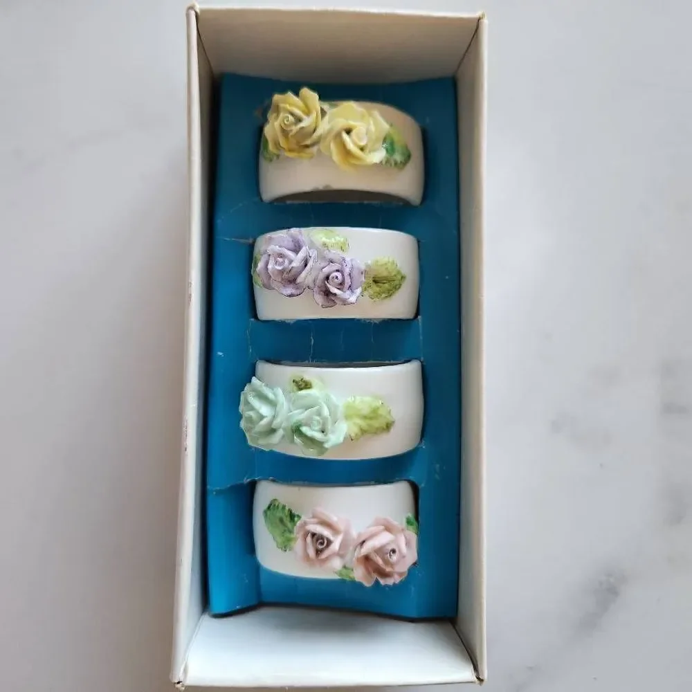 Napkin ring holders vintage bone china ceramic floral set of 4 90s Victorian